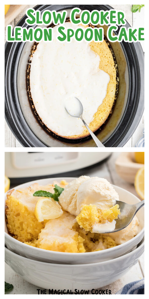 2 images of lemon spoon cake for pinterest.