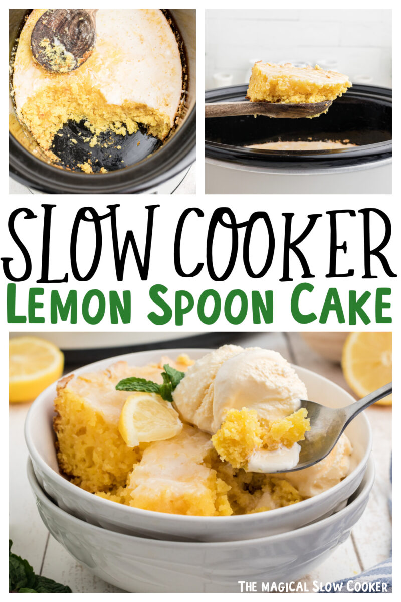 lemon spoon cake images with text for pinterest.