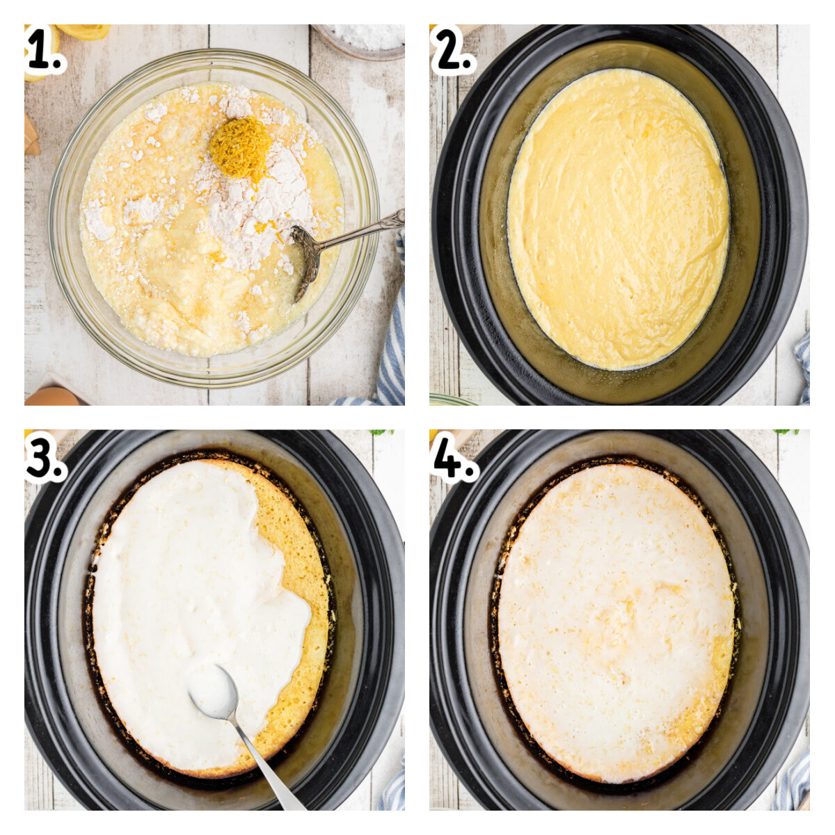 Four images showing how to make lemon spoon cake in a slow cooker.