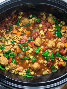meatball soup with pasta in a slow cooker.