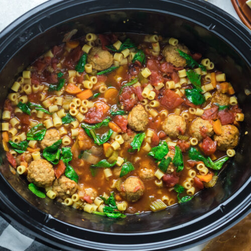 meatball soup with pasta in a slow cooker.