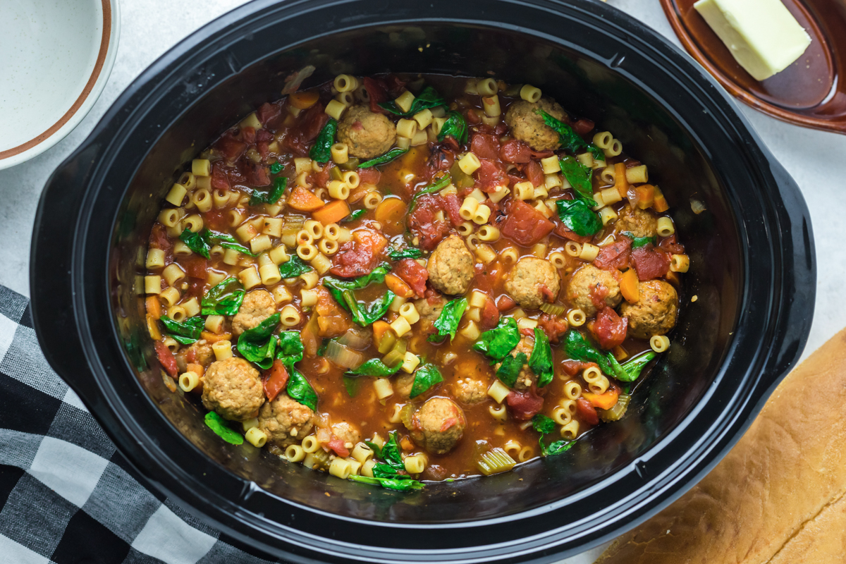 meatball soup with pasta in a slow cooker.