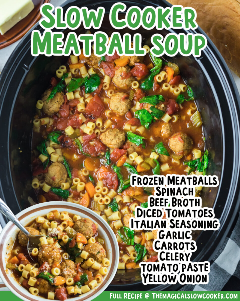 Images of meatball soup with text of ingredients for facebook.