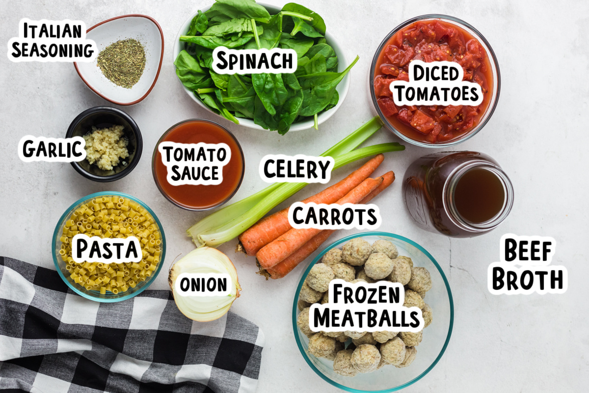 Ingredients for meatball soup on a table.