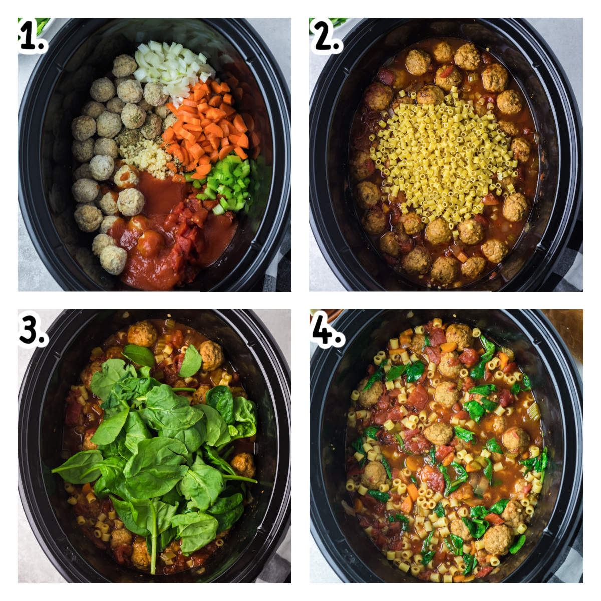 Four images showing how to make meatball soup.