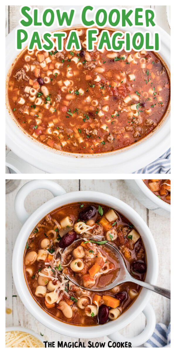 2 images of pasta fagioli soup.