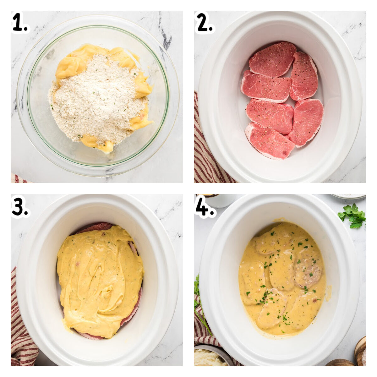 four images showing how to make ranch pork chops in a slow cooker.