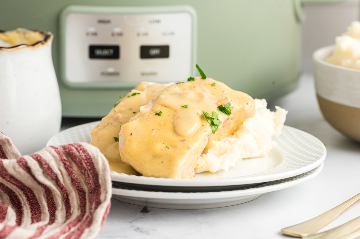 plate of ranch pork chops over mashed potatoes.