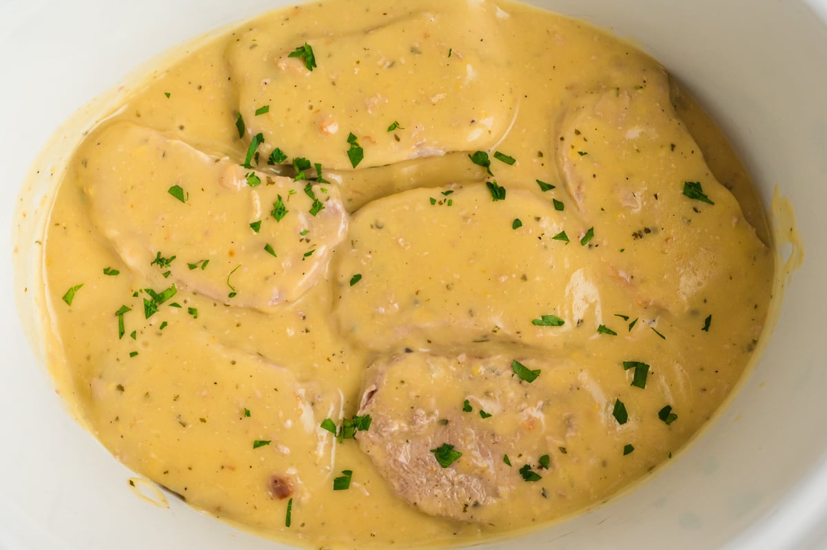 pork chops in a slow cooker in a creamy ranch sauce.