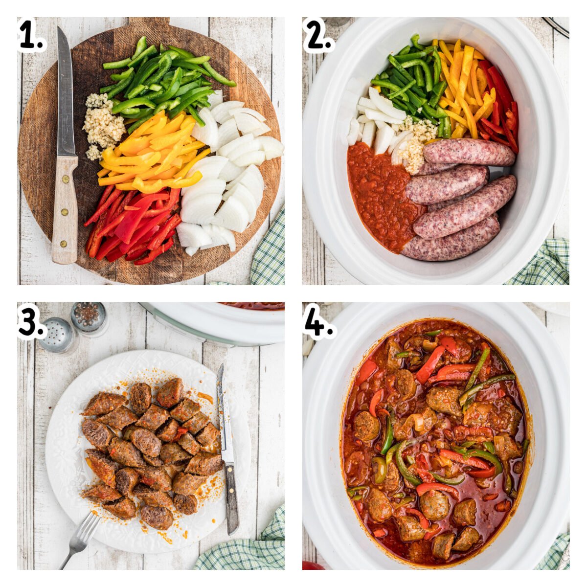 Four images showing how to make sausage and peppers in a crockpot.