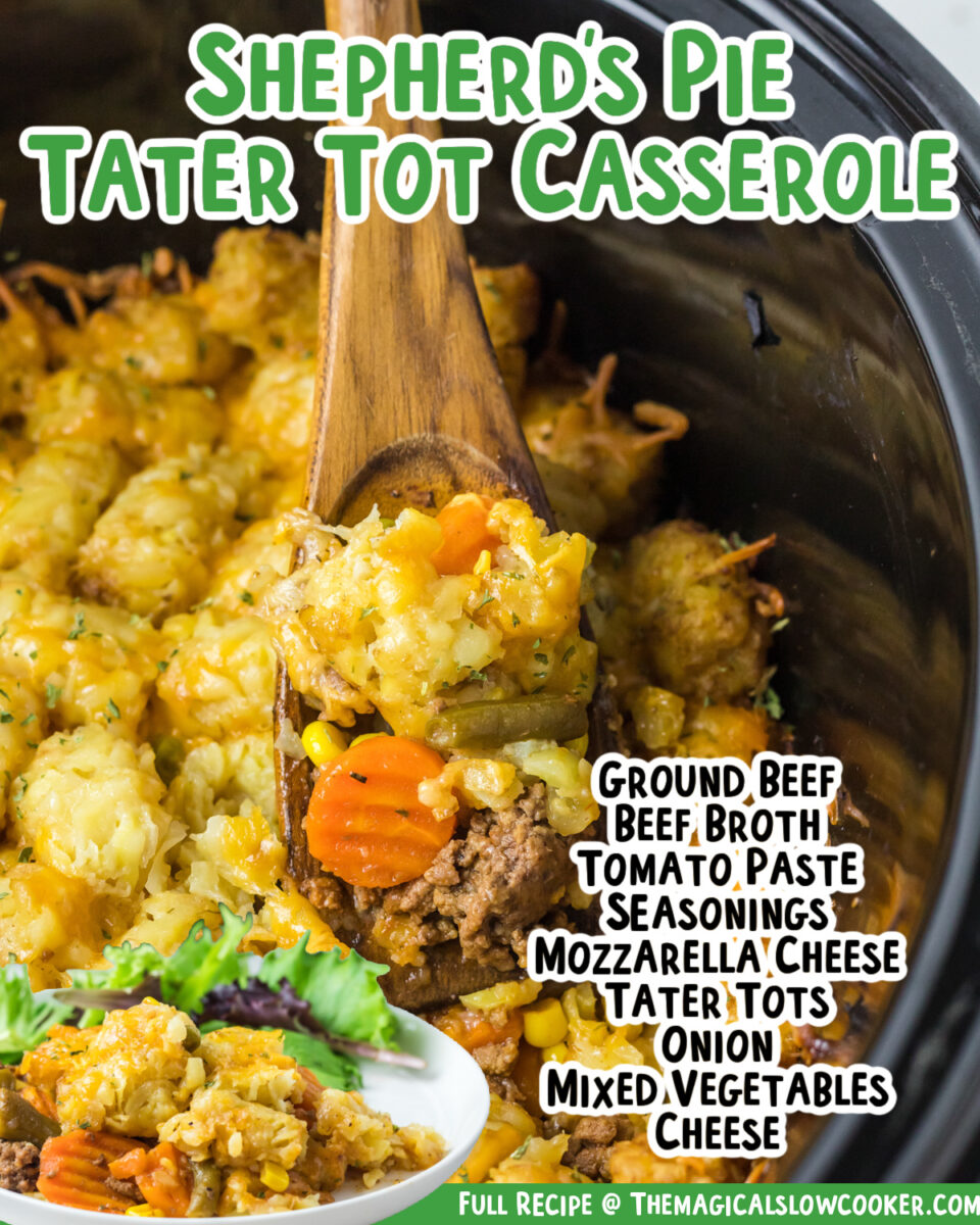 images of tater tot casserole with text of ingredients for facebook.