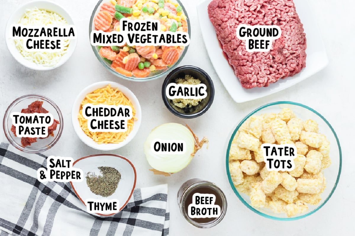 ingredients for shepherd's pie tater tot casserole on a table.