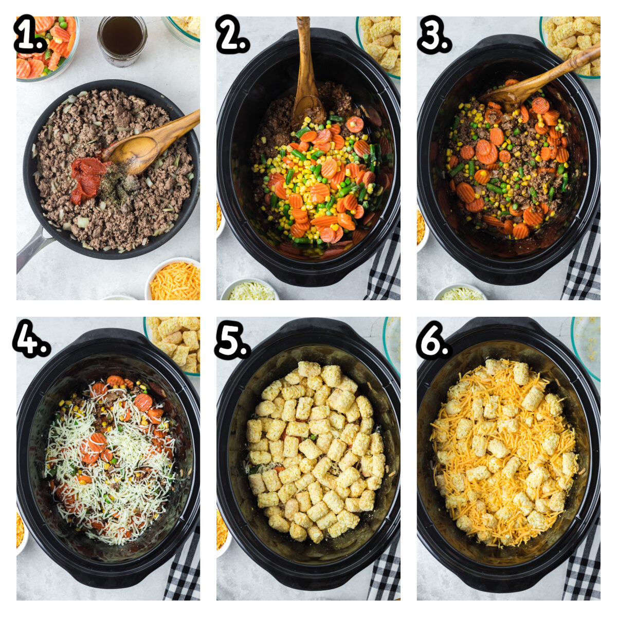 Six images of how to make shepherd's tater tot casserole in a crockpot.