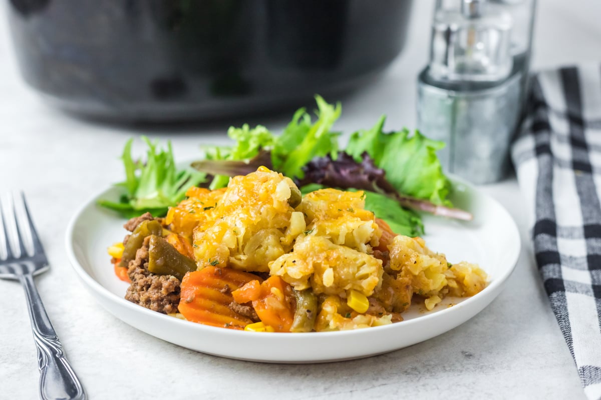 tater tot casserole with shepherd's pie flavors on a plate.