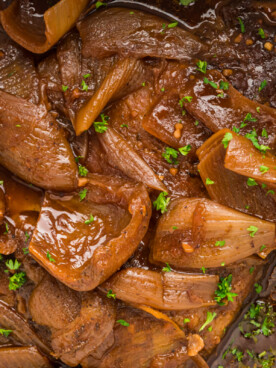 close up of beef brisket in a slow cooker.