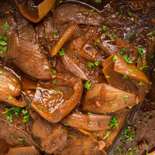 close up of beef brisket in a slow cooker.