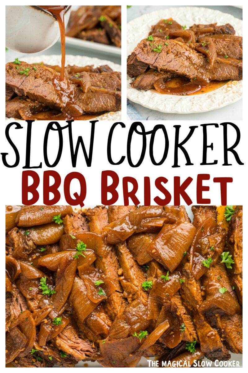 Images of beef brisket with text for pinterest.