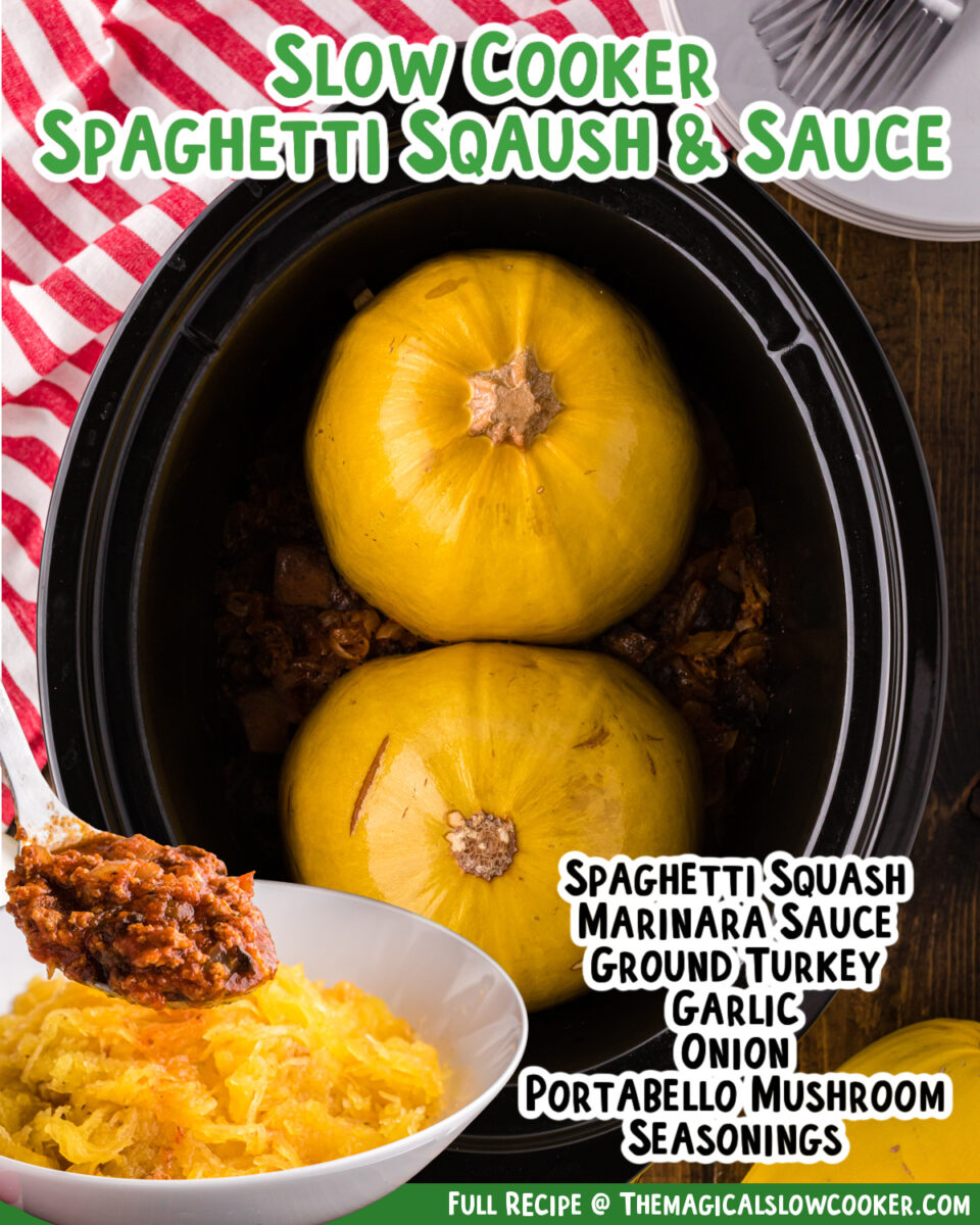 Images of spaghetti squash with text of ingredients for facebook.
