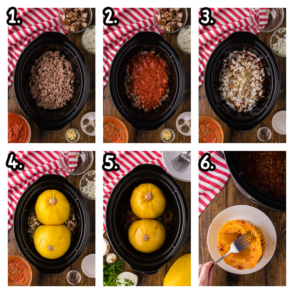Six images showing how to make turkey meat sauce and spaghetti sauce in a slow cooker.