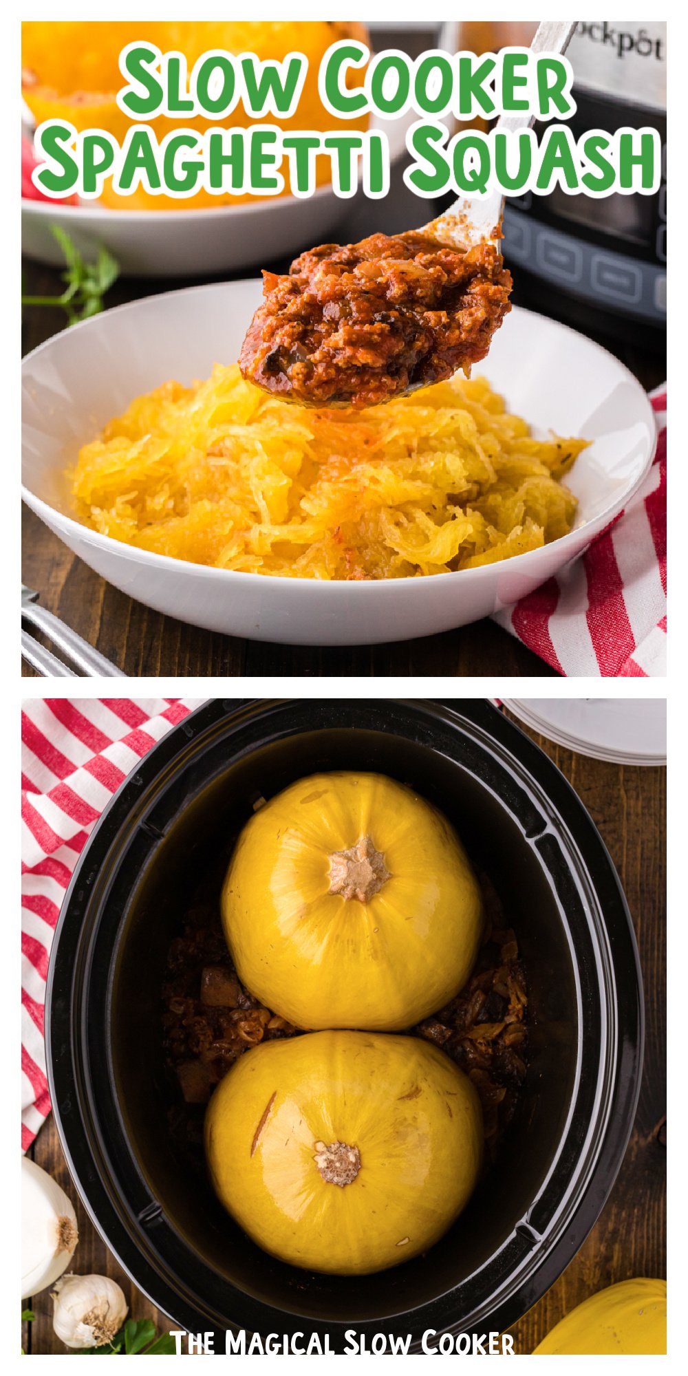 2 images of turkey meat sauce and spaghetti squash for pinterest.