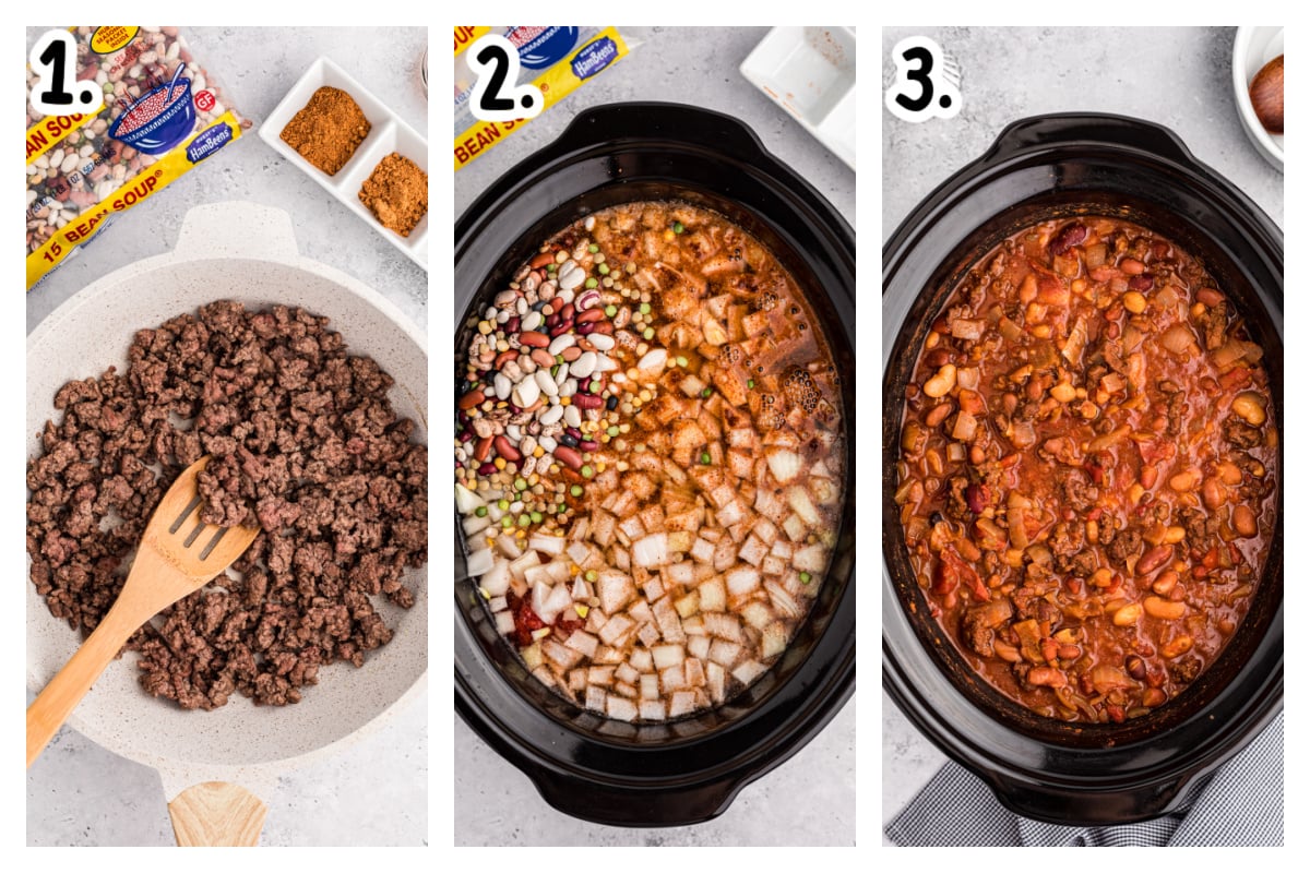 3 images showing how to make 15 bean chili in a crockpot.
