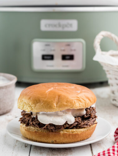 horseradish beef sandwich on a plate.