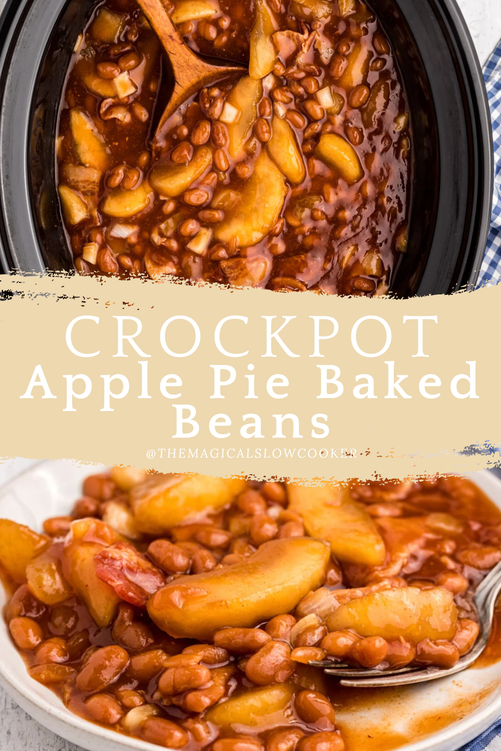 2 images of apple pie baked beans.