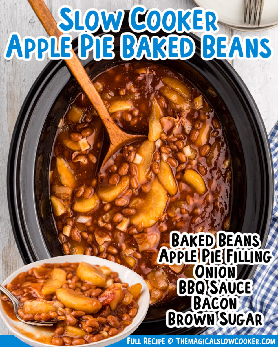 Apple pie baked beans images with text overlay for facebook.