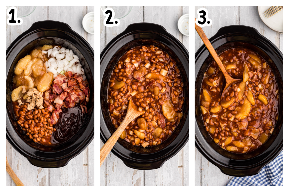 Three images showing how to make apple pie baked beans in a slow cooker.