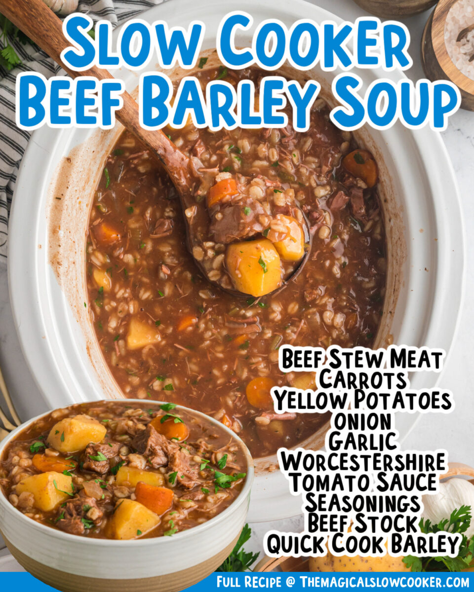 Images of beef barley soup for facebook, with text of the ingredients.