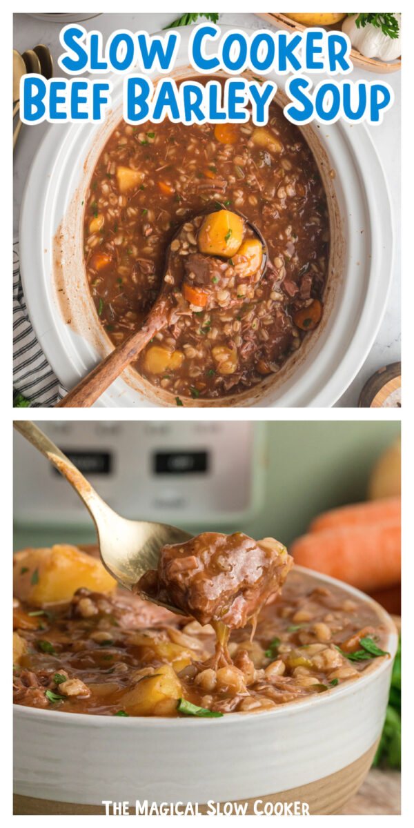 2 images of beef barley soup for pinterest.