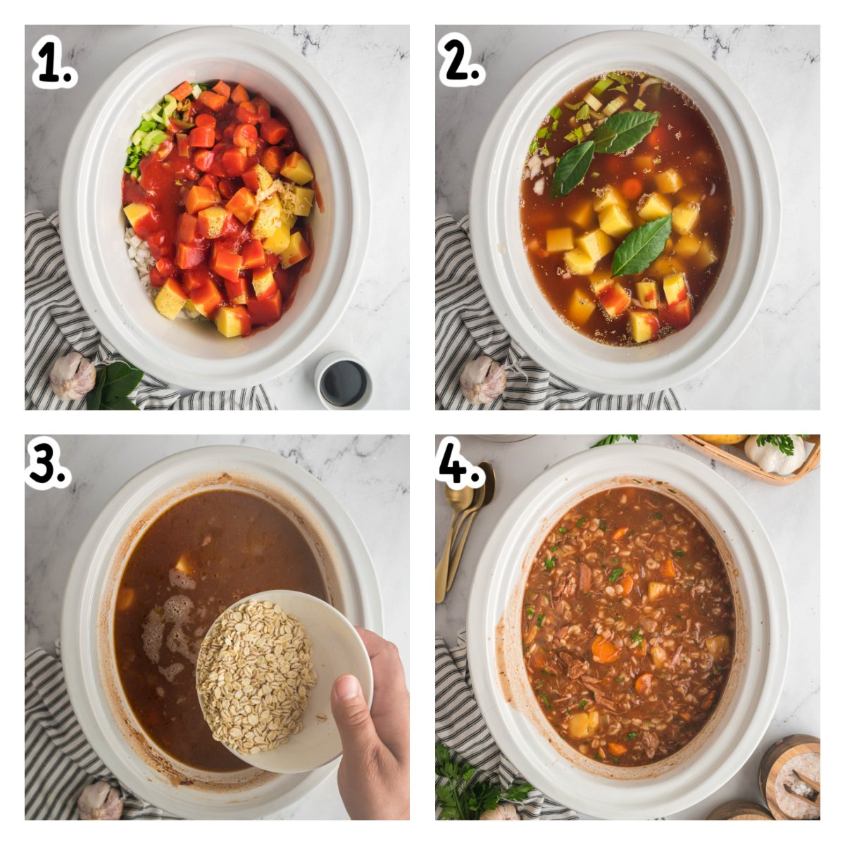 Four images of how to make beef barley soup in a crockpot.