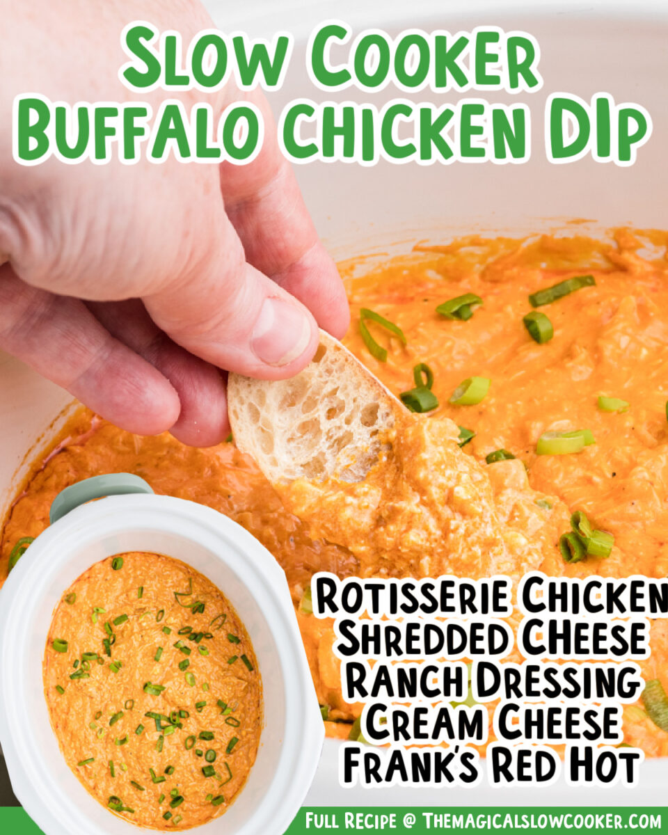 collage of buffalo chicken dip images with text of ingredients.
