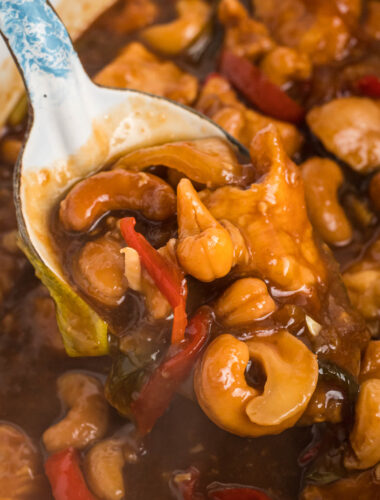 cashew chicken on a spoon.