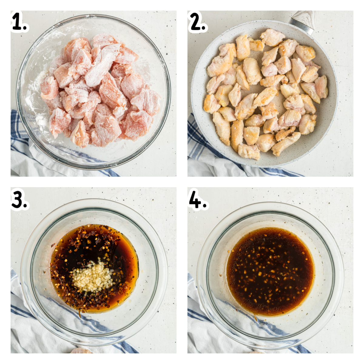 4 images showing how to coat and brown chicken and how  to make sauce for cashew chicken.