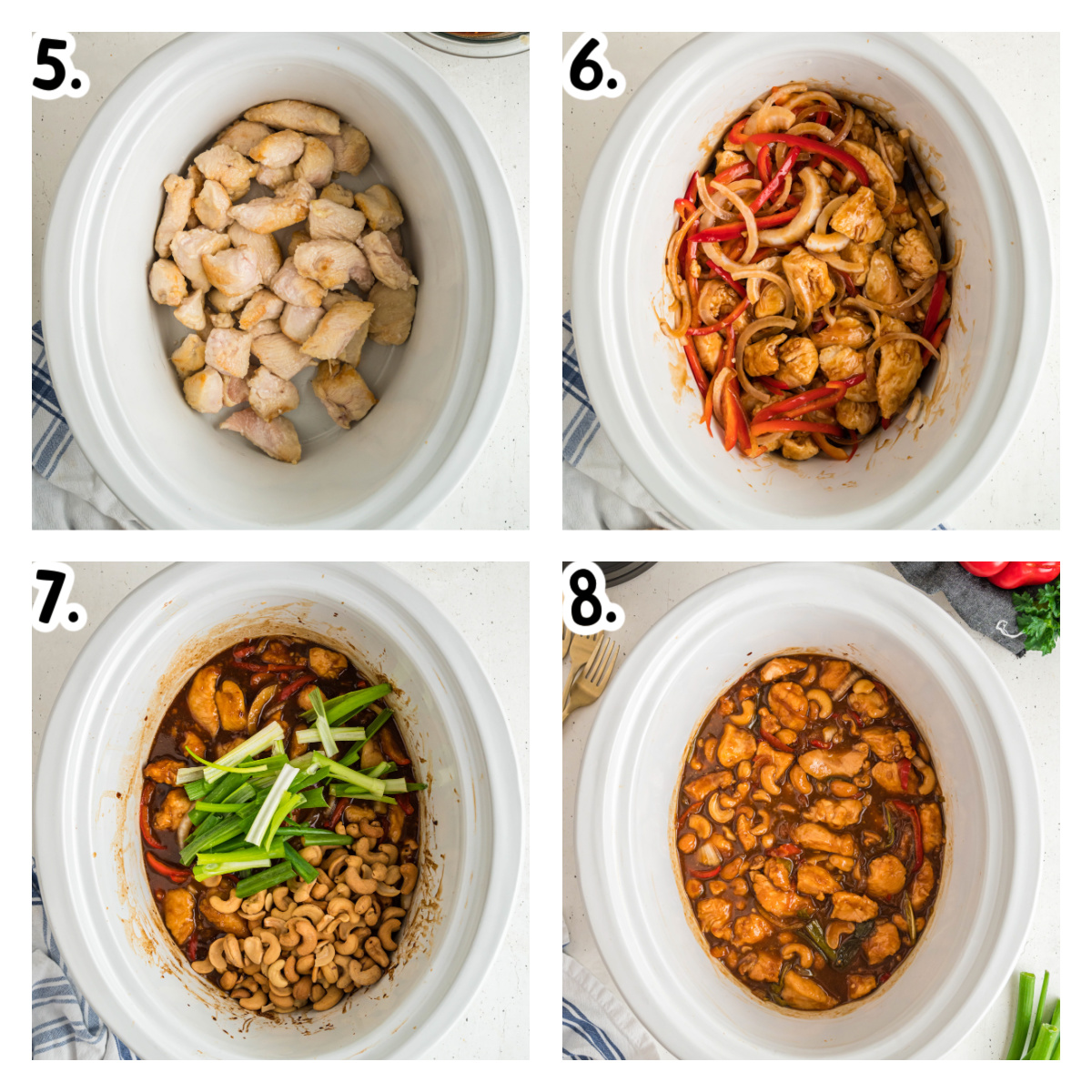 Four images showing how to finish making cashew chicken in a slow cooker.