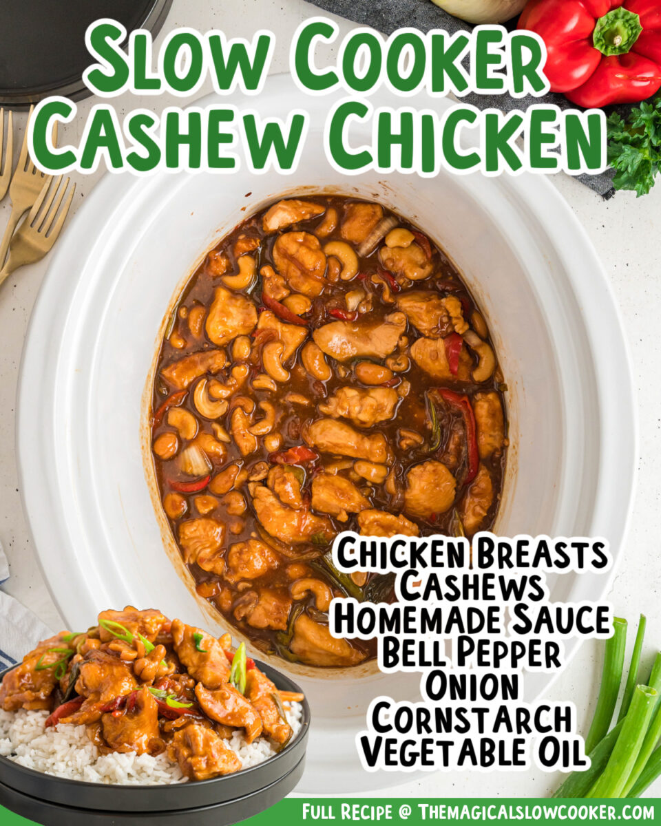 Images of cashew chicken for facebook with text of the ingredients.