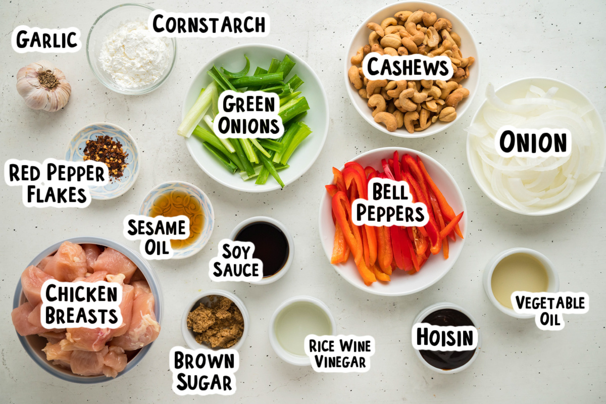 Ingredients for cashew chicken on a table.