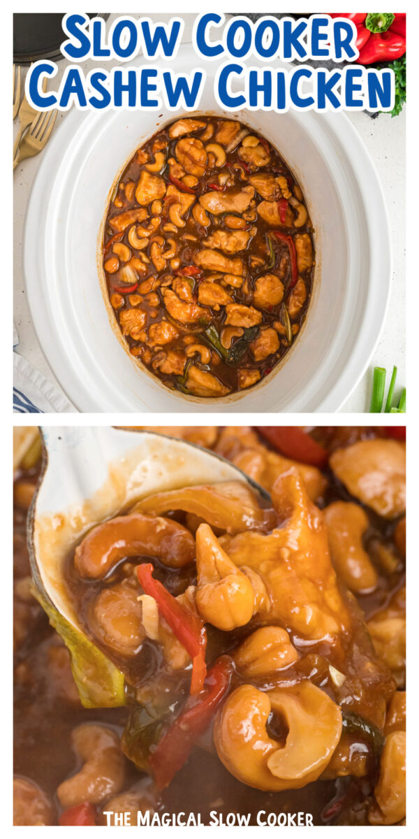 2 images of cashew chicken with text for pinterest.