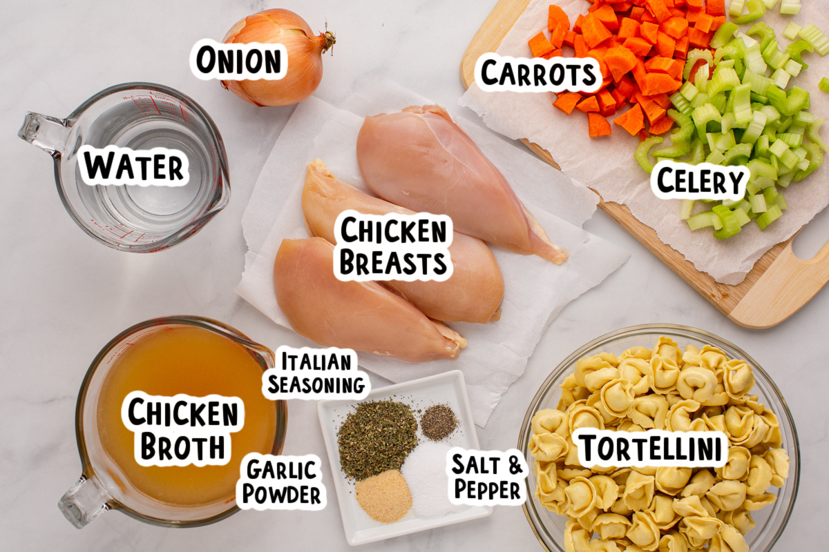 Ingredients for chicken tortellini soup in a slow cooker.