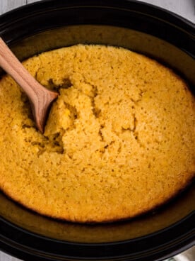 Corn casserole in a slow cooker, done cooking.