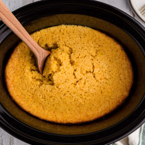 Corn casserole in a slow cooker, done cooking.