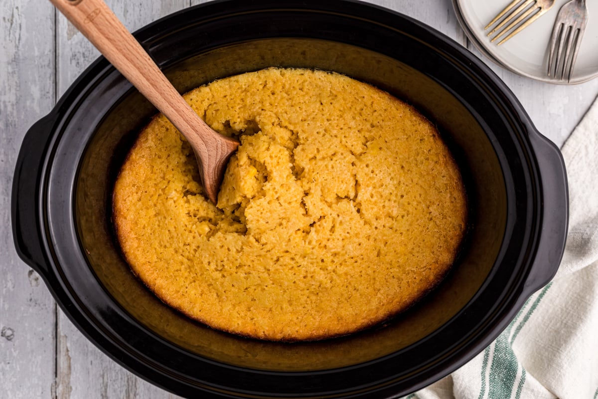 Corn casserole in a slow cooker, done cooking.