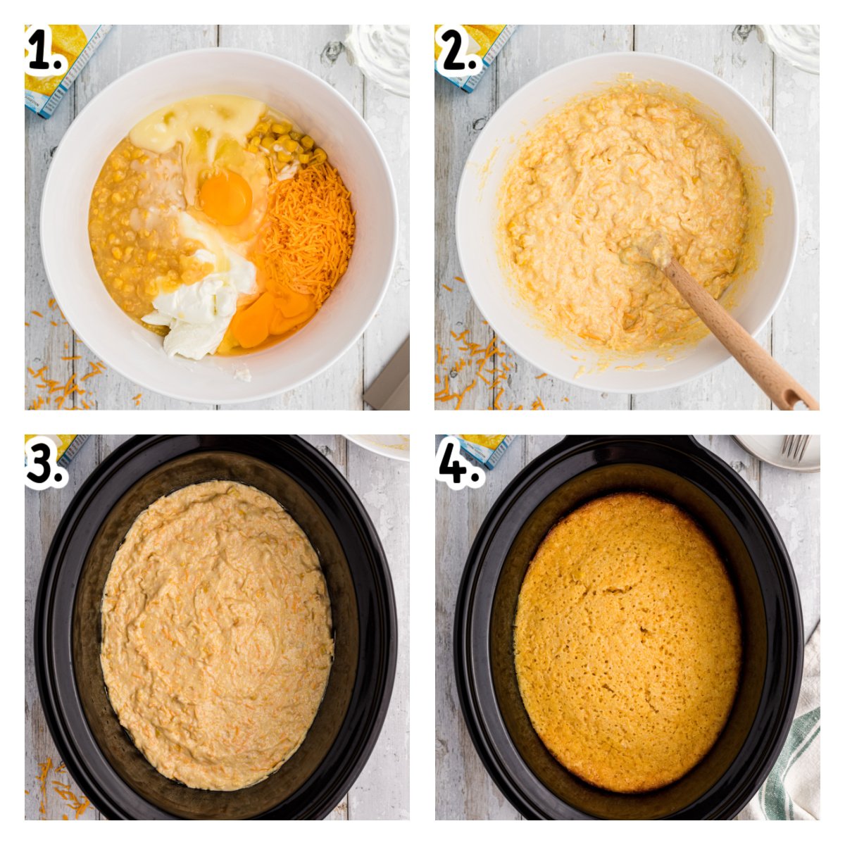 Four images of how to make corn casserole.