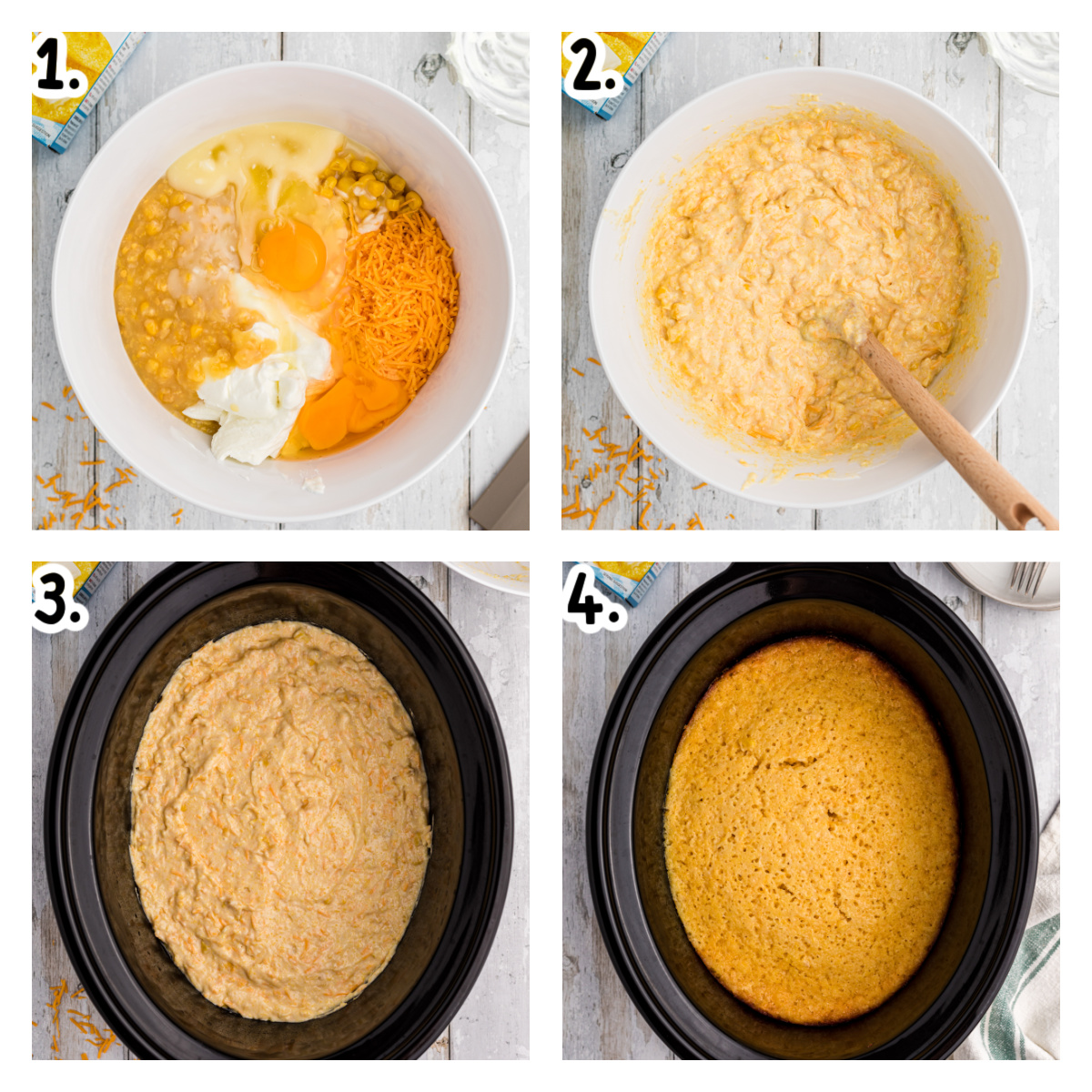 Four images of how to make corn casserole.