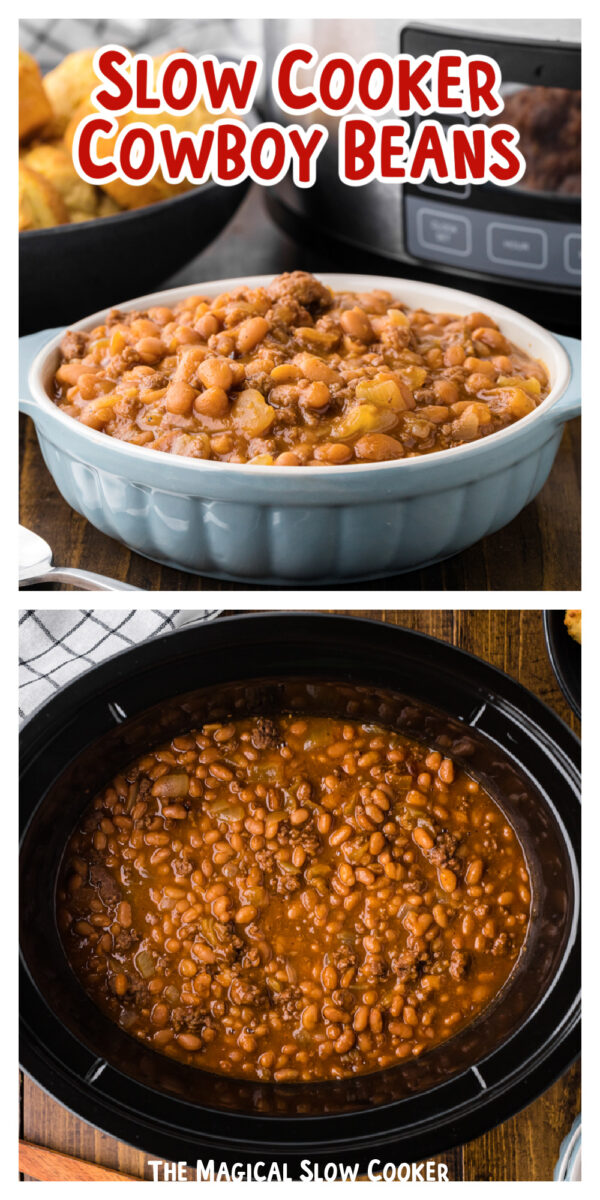 2 images of cowboy baked beans for pinterest.