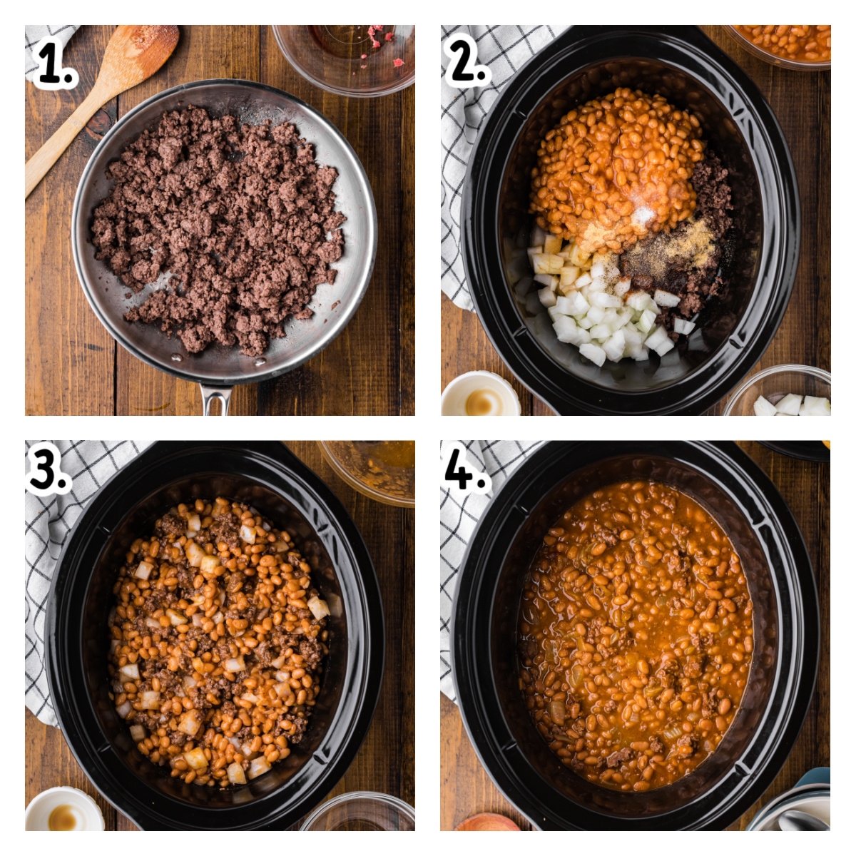 Four images showing how to make cowboy beans in a crockpot.