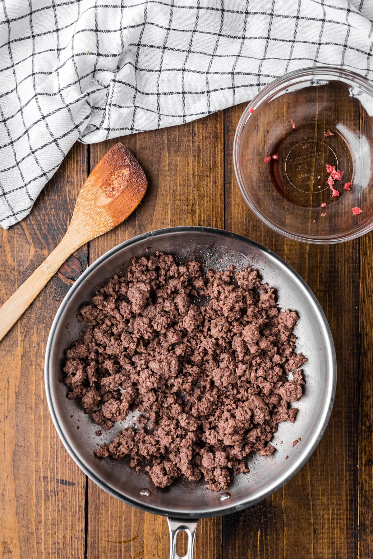 ground beef in a skillet.