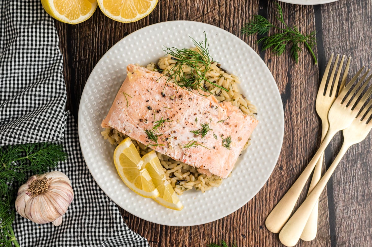 Salmon and rice on a plate.