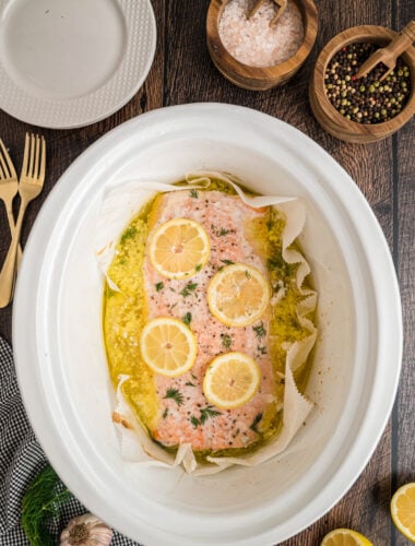 Salmon cooked in a crockpot.